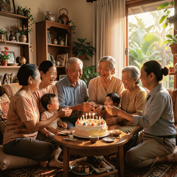 Foto keluarga Indonesia multi-generasi yang hangat dan emosional saat merayakan ulang tahun, diambil dengan pencahayaan alami saat golden hour.