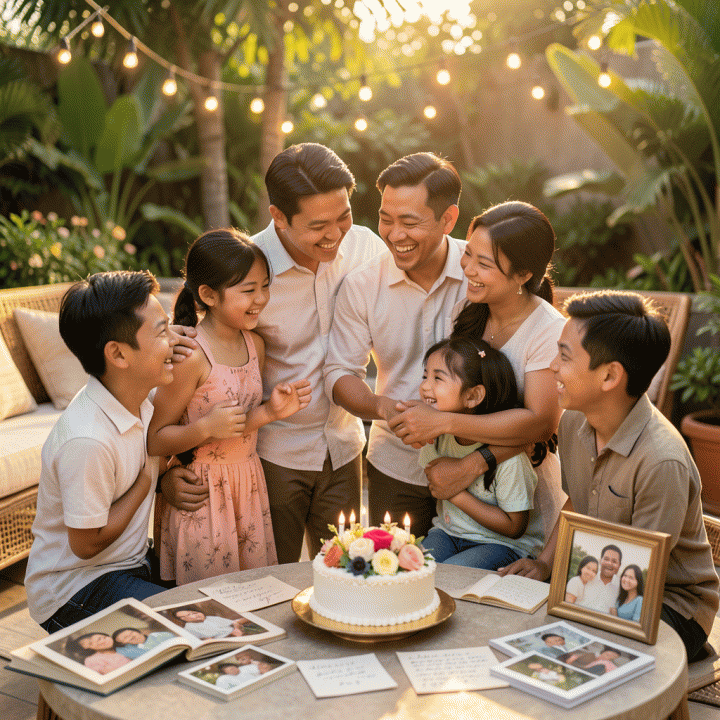 Foto keluarga Indonesia yang hangat dan fotorealistik dalam suasana perayaan ulang tahun di luar ruangan saat sore hari (golden hour), fokus pada interaksi penuh kasih sayang antar anggota keluarga.