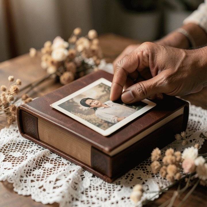Foto close-up fotorealistik sepasang tangan yang sedang menata atau memasukkan foto kenangan vintage ke dalam album digital, menekankan nilai warisan dan memori keluarga.