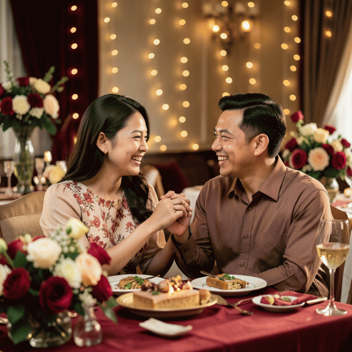 Pasangan muda Indonesia merayakan hari jadi di ruangan yang hangat dan intim, dengan dekorasi bunga dan lampu peri yang menciptakan suasana romantis dan bahagia.
