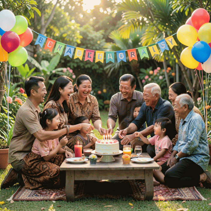 Foto keluarga Indonesia yang meriah di taman saat perayaan ulang tahun, menunjukkan kehangatan dan kegembiraan bersama lintas generasi.