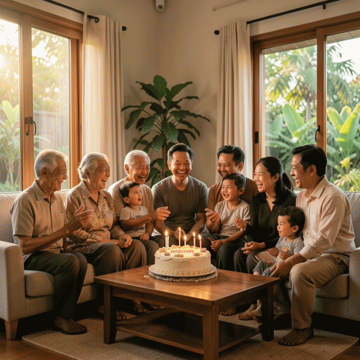 Foto sinematik realistis keluarga Indonesia lintas generasi yang bahagia merayakan ulang tahun di ruang tamu modern dengan pencahayaan hangat, menangkap momen kebersamaan yang emosional.