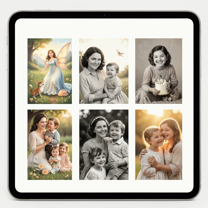 Mood board digital yang menampilkan contoh berbagai gaya foto ulang tahun dan perayaan keluarga yang dihasilkan AI, menunjukkan variasi visual dari klasik hingga fantasi.