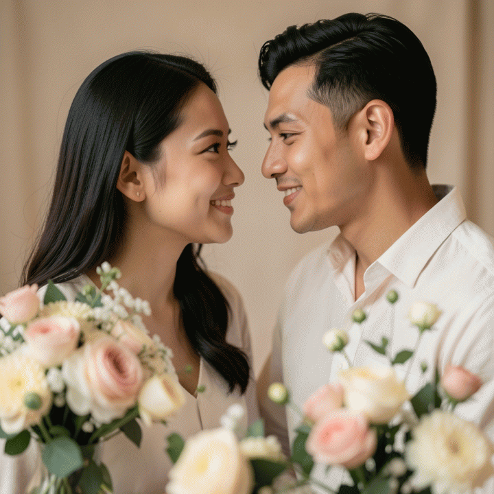 Foto close-up sinematik pasangan Indonesia yang romantis saat perayaan anniversary.