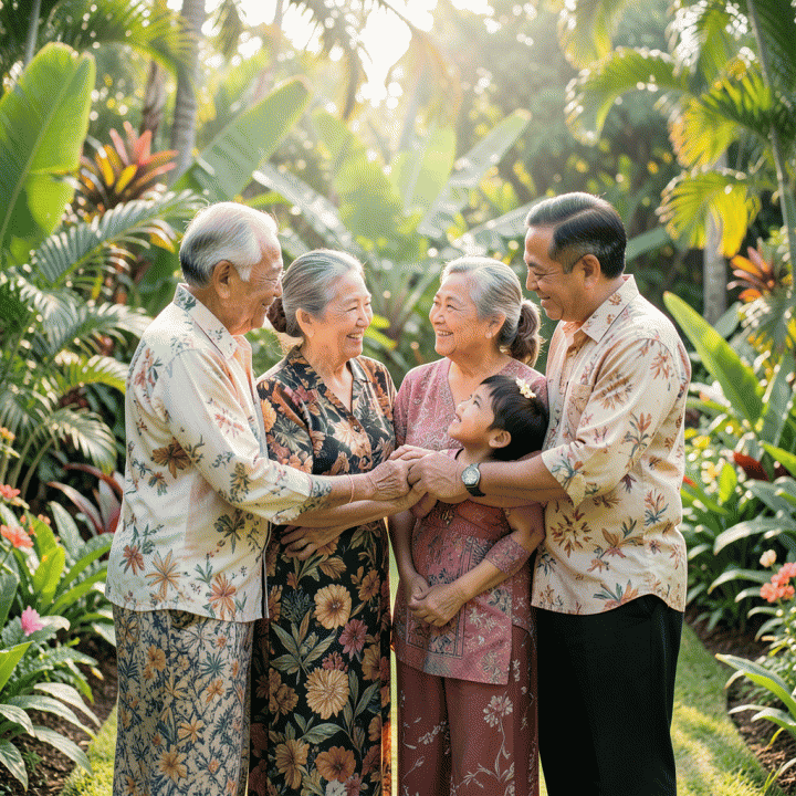 Foto keluarga multigenerasi Indonesia yang ceria dan fotorealistik di taman tropis untuk momen ulang tahun.