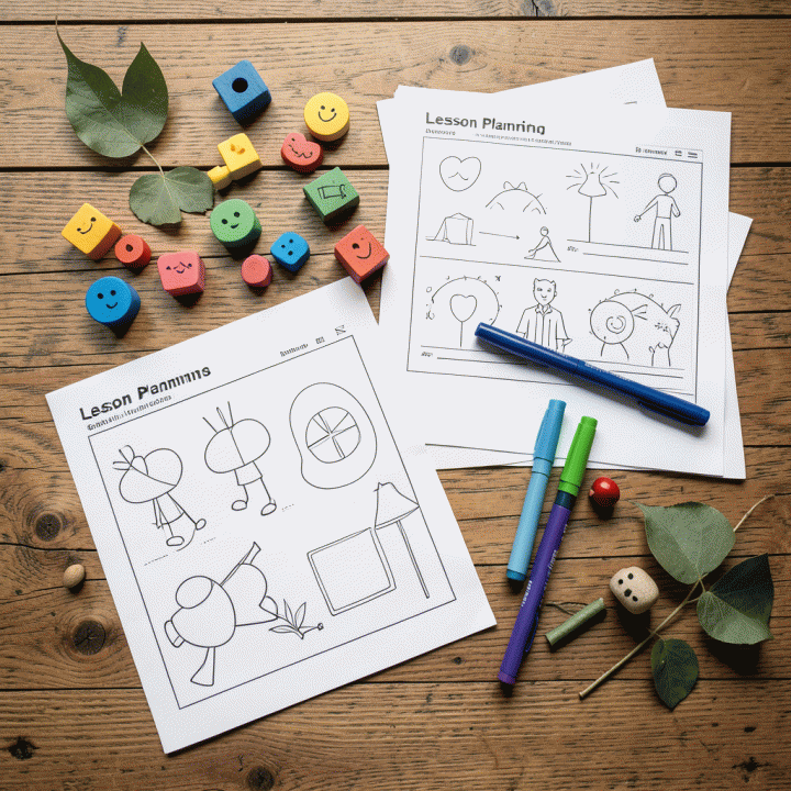 Tampilan datar (flat lay) materi pembelajaran edukasi yang berwarna-warni dan siap digunakan, menunjukkan perencanaan aktivitas yang kreatif.