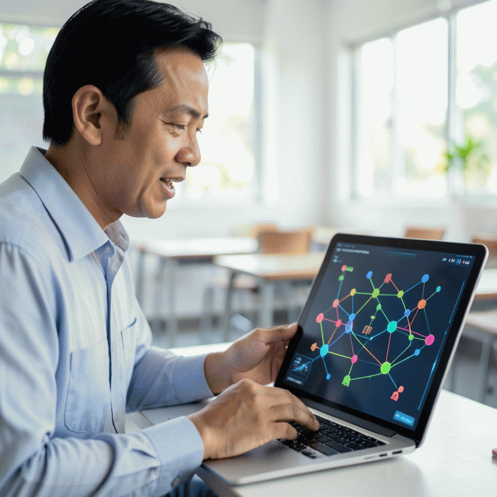 Guru profesional berinteraksi dengan tablet digital yang menampilkan visualisasi rencana pembelajaran yang kompleks, menunjukkan efisiensi AI.