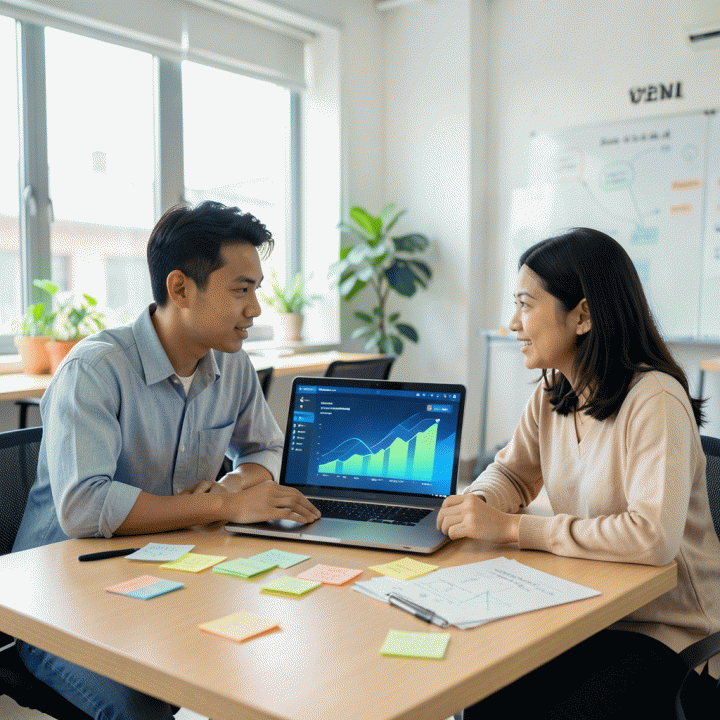 Duo profesional muda Indonesia berdiskusi strategi pencarian kerja di co-working space, fokus pada dashboard digital manajemen karir yang terorganisir dan penuh rencana.