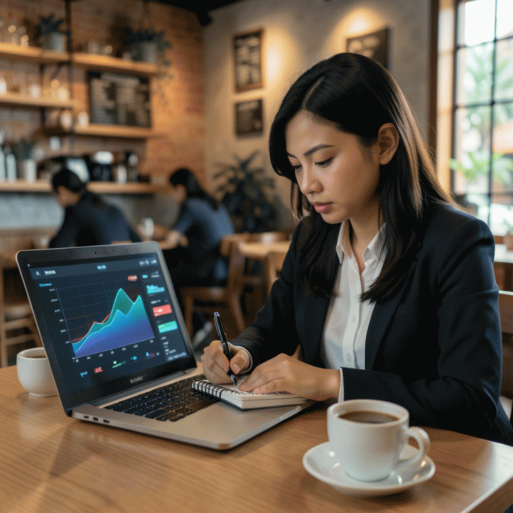 Wanita profesional Indonesia sedang merencanakan dan menganalisis data progres karier menggunakan laptop di kafe.