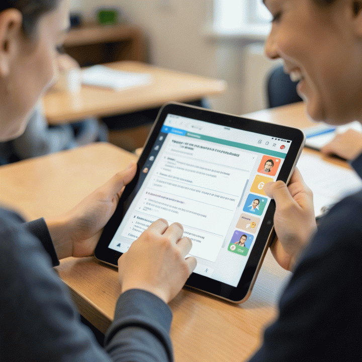 Tangan seorang guru berinteraksi dengan tablet digital yang menampilkan template rencana pelajaran dan kartu aktivitas interaktif.