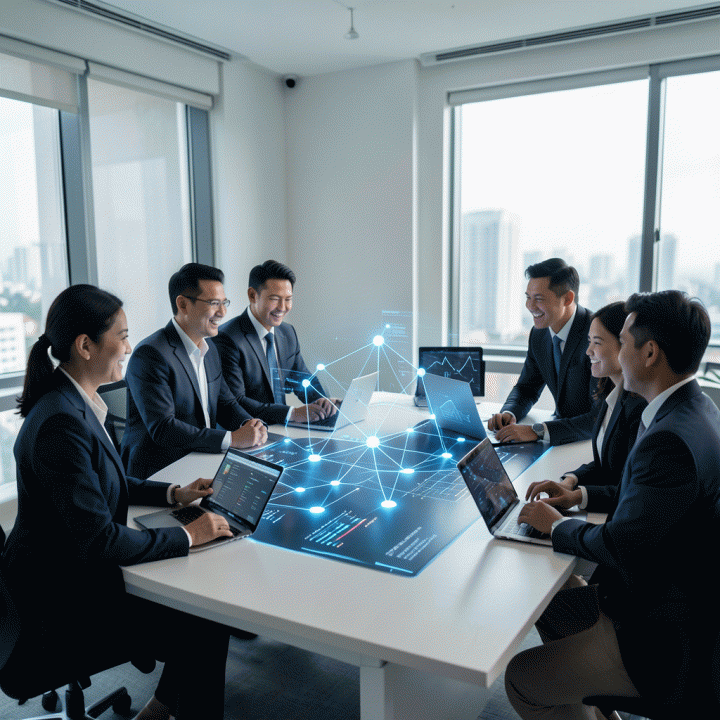 Tim profesional di ruang kerja modern menganalisis data pasar yang kompleks menggunakan visualisasi digital berbasis AI, menunjukkan proses validasi produk yang cepat dan terstruktur.