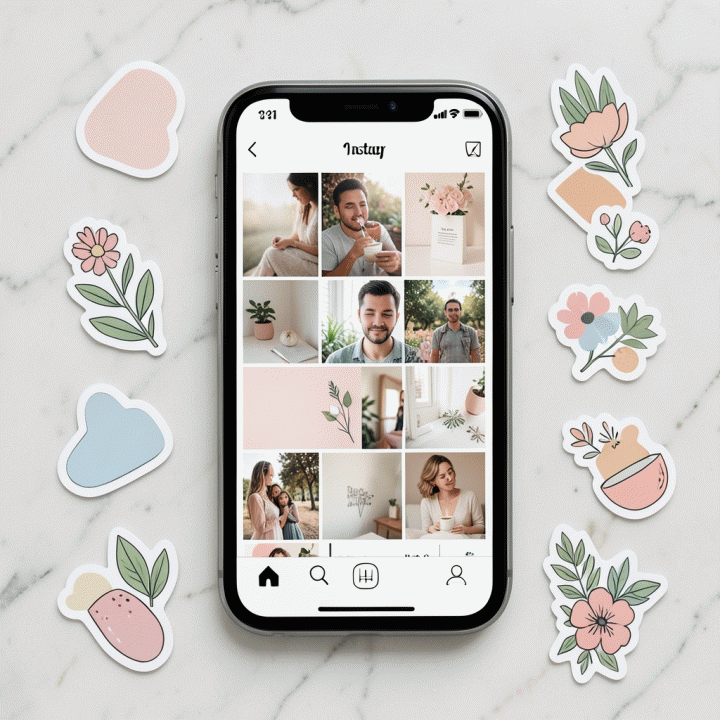 Flat lay menunjukkan contoh gaya grid Instagram yang rapi dan berbagai aset stiker digital premium di atas meja.