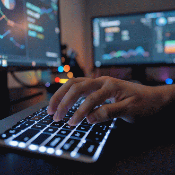 Tangan seseorang yang sedang mengetik dengan cepat di laptop, menunjukkan proses kreatif dan produksi konten secara intensif.