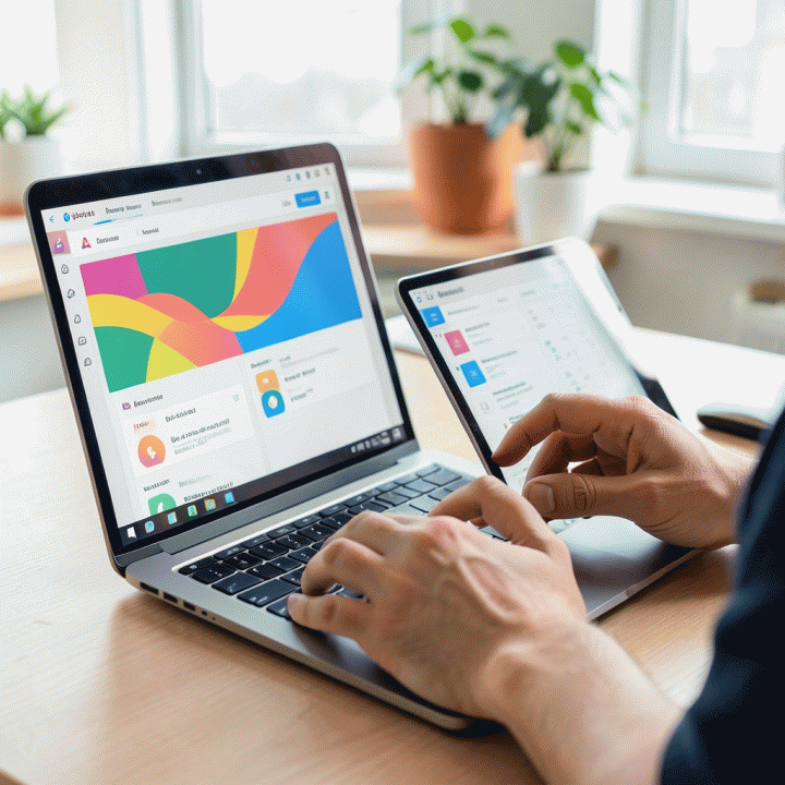 Tangan seseorang menggunakan laptop dan tablet untuk melacak inventaris dan jadwal pemesanan secara digital, menunjukkan proses manajemen yang efisien.