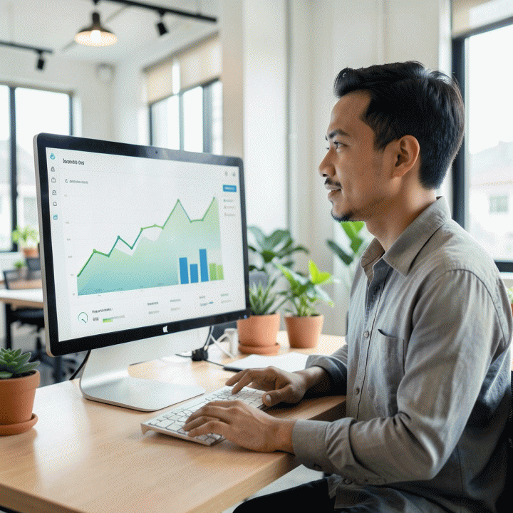Pemilik usaha kecil melihat dashboard keuangan yang terorganisir di monitor, menunjukkan peningkatan profitabilitas dan kontrol keuangan.