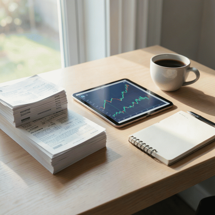 Meja kerja yang rapi dengan tumpukan struk dan tablet digital yang menampilkan grafik keuangan, melambangkan pelacakan pengeluaran bisnis yang terorganisir.