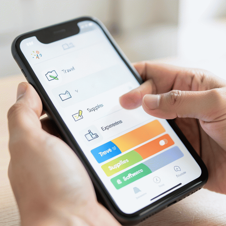 Tangan yang sedang memasukkan atau mengkategorikan pengeluaran bisnis menggunakan aplikasi keuangan digital di tablet.