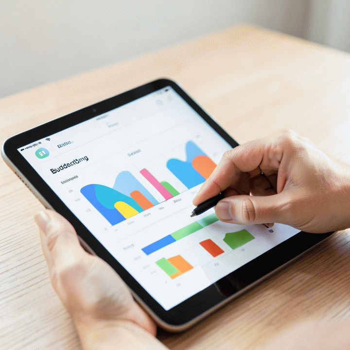 Tangan yang menggunakan aplikasi budgeting di tablet, menunjukkan pelacakan pengeluaran yang terstruktur.