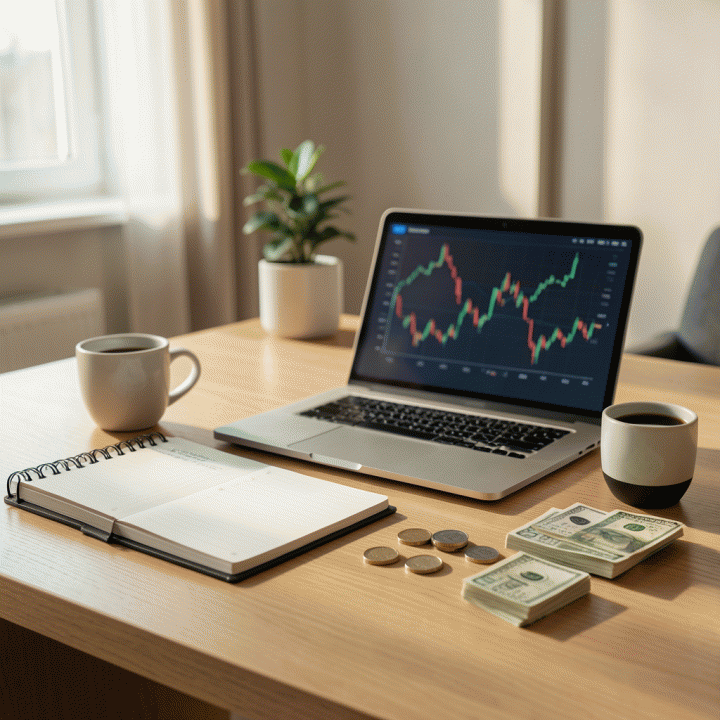 Meja kerja modern yang terorganisir dengan planner, laptop, dan uang koin, melambangkan perencanaan keuangan yang rapi dan stabil.