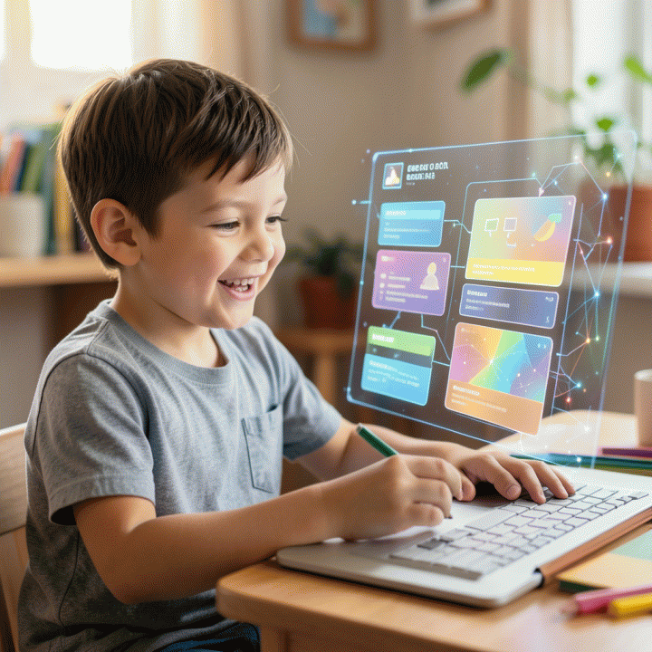 An image showing a happy child learning efficiently through an AI-generated educational interface.