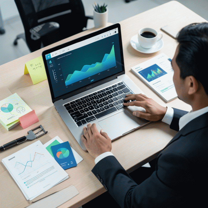 Pemandangan sinematik photorealistic meja kerja modern di Indonesia yang menunjukkan seorang profesional bisnis sedang menganalisis data visualisasi cerah di laptop, menandakan transisi dari asumsi ke pertumbuhan yang terukur.