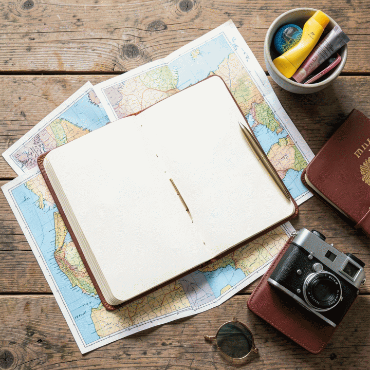 Foto flat lay rencana perjalanan yang terorganisir di atas meja kayu, menampilkan buku jurnal, peta tujuan, paspor, dan aksesoris perjalanan, menekankan perencanaan liburan.