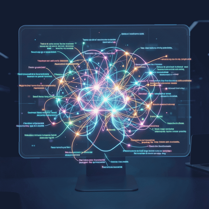Visualisasi abstrak proses pembuatan ide konten yang cepat dan mudah menggunakan teknologi AI.