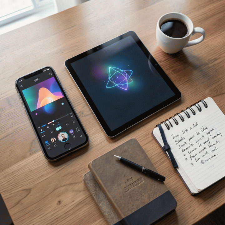 Flat lay visualisasi alat-alat kreasi konten digital yang modern dan terstruktur, menonjolkan proses ideasi dan pengembangan konten secara cepat.
