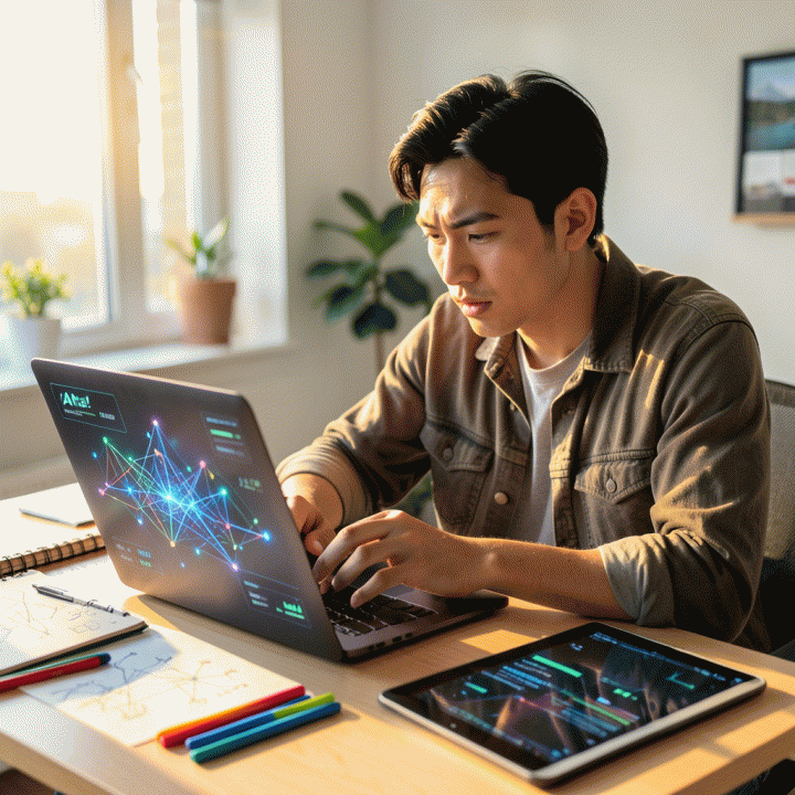 Seorang content creator di meja kerja modern yang penuh inspirasi, fokus pada laptop yang menampilkan visualisasi data viral, melambangkan proses menemukan ide konten yang menarik.