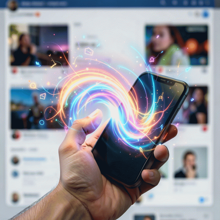 Visualisasi energi ide viral yang dipancarkan dari smartphone, melambangkan kekuatan hook dalam menarik perhatian audiens.