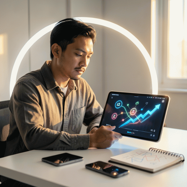 Seorang content creator modern di studio yang profesional, berinteraksi dengan tablet yang menampilkan visualisasi data viral dan tren konten, melambangkan strategi pembuatan hook yang efektif.