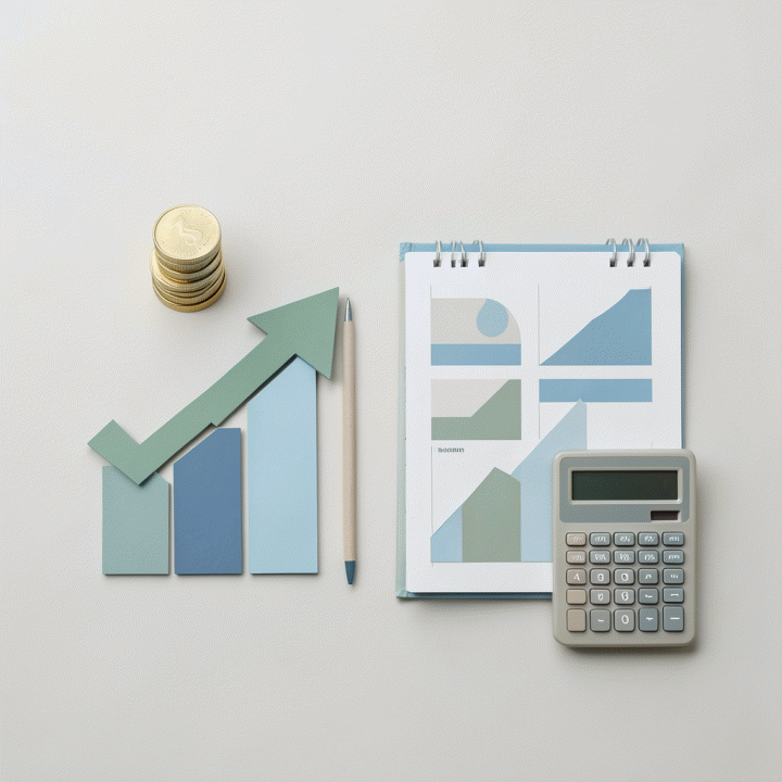 Tata letak datar (flat lay) yang menampilkan simbol-simbol perencanaan keuangan seperti koin, grafik naik, dan buku catatan, melambangkan pengelolaan anggaran yang terstruktur.