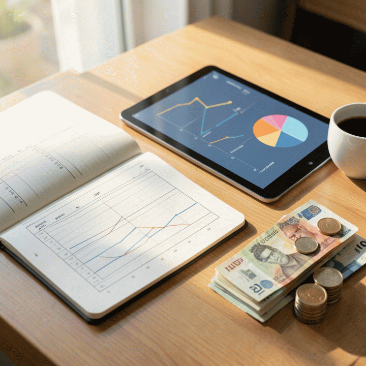 Meja kerja yang terorganisir dengan alat perencanaan keuangan, termasuk buku catatan dan tablet yang menampilkan grafik anggaran yang terstruktur, melambangkan perencanaan keuangan yang terarah.