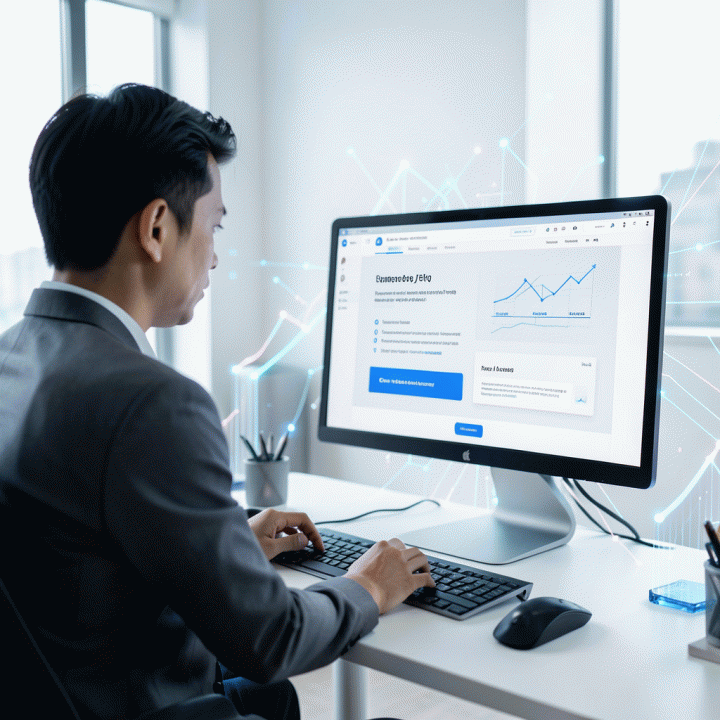 Visualisasi profesional tentang struktur sales page digital yang terstruktur dan siap konversi, ditampilkan di layar komputer modern.