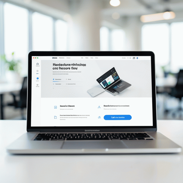 Tampilan laptop yang menampilkan desain landing page yang optimal dan profesional, menunjukkan struktur konversi tinggi dan Call-to-Action yang jelas.