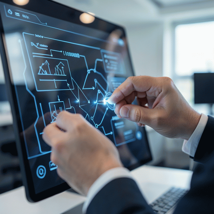 Tangan seorang marketer yang sedang berinteraksi dengan antarmuka digital yang menampilkan alur kerja dan wireframe sales page, menunjukkan proses penyempurnaan yang cepat.