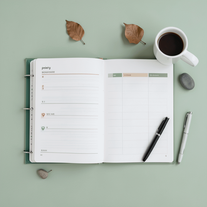 Tampilan datar minimalis dari alat-alat kerja yang terorganisir seperti planner dan buku catatan, melambangkan manajemen waktu yang bijaksana.