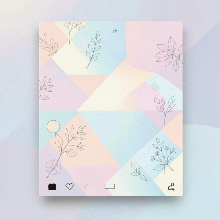 A serene and aesthetic Instagram feed design featuring pastel colors, minimalist geometric shapes, and line art illustrations in a cohesive layout.