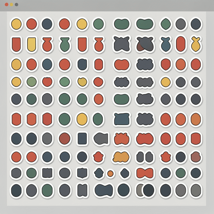 Abstract visualization of a digital design board organized with aesthetic sticker elements for content creation.
