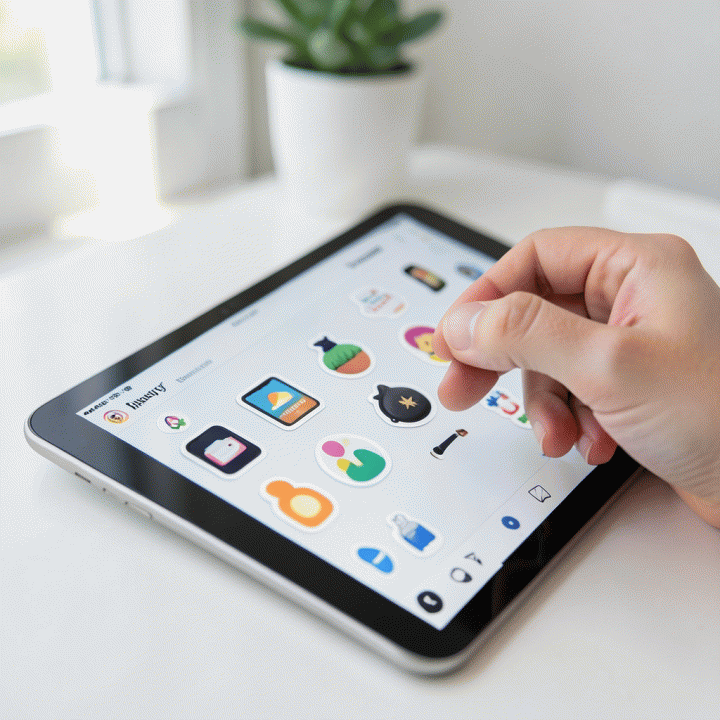 Hand arranging digital sticker assets on a tablet for an Instagram story design.