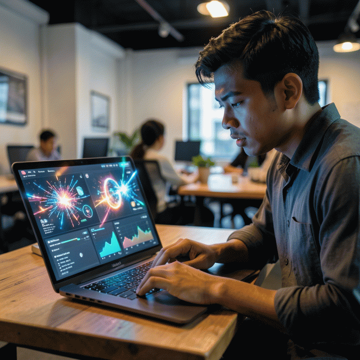 Seorang profesional kreatif Indonesia yang fokus di depan laptop, dikelilingi oleh visual abstrak ide viral konten, menunjukkan proses pembuatan hook yang menarik.