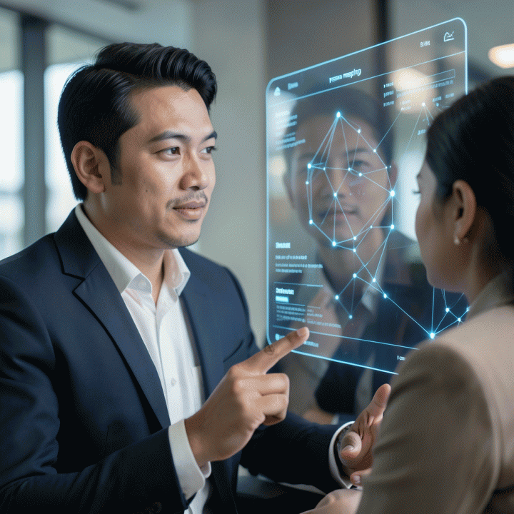 Profesional Indonesia yang berinteraksi dengan antarmuka holografik yang menampilkan peta persona dan strategi bisnis, menunjukkan penggunaan AI untuk analisis mendalam.