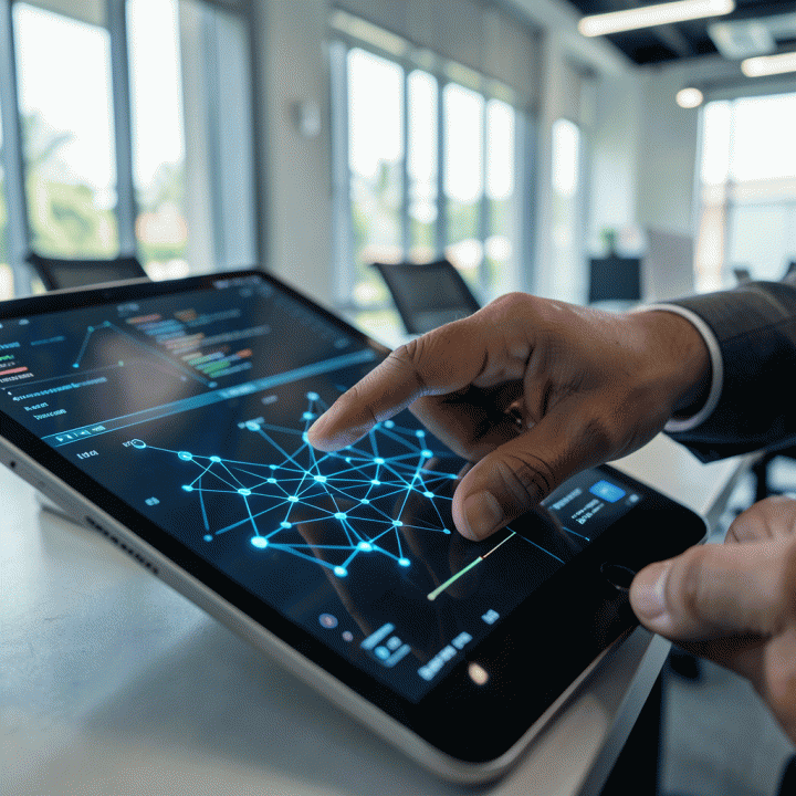 Tangan profesional berinteraksi dengan tablet futuristik untuk membangun persona dan strategi menggunakan AI.
