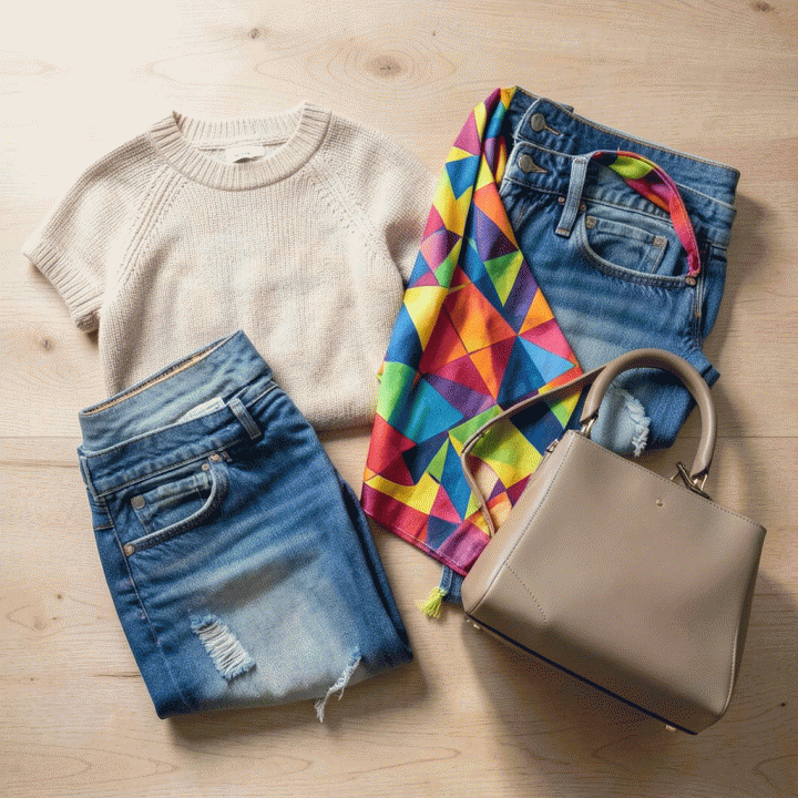 Flat lay foto produk fashion modern yang menampilkan berbagai tren pakaian terbaru seperti rajutan minimalis, syal motif geometris cerah, dan jeans denim, diletakkan di atas meja kayu terang.