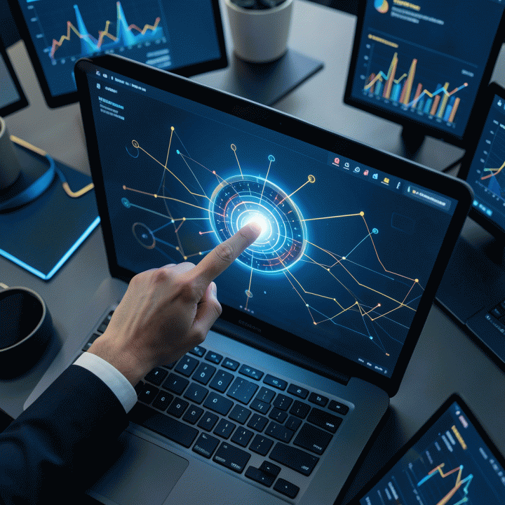 Komposisi profesional yang menggambarkan seorang manajer pemasaran digital yang menganalisis data kompleks di layar multi-monitor, menunjukkan transisi dari data mentah menjadi insight strategis yang actionable.