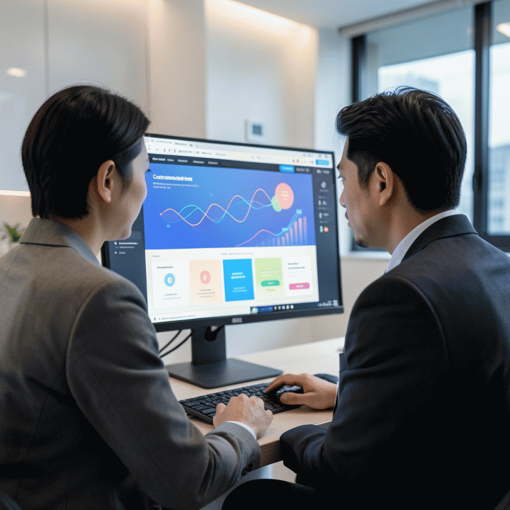 Seorang profesional digital marketing sedang bekerja di ruang kerja modern, fokus pada layar monitor yang menampilkan desain landing page yang sangat teroptimasi untuk konversi tinggi, melambangkan efisiensi AI dalam pemasaran digital.