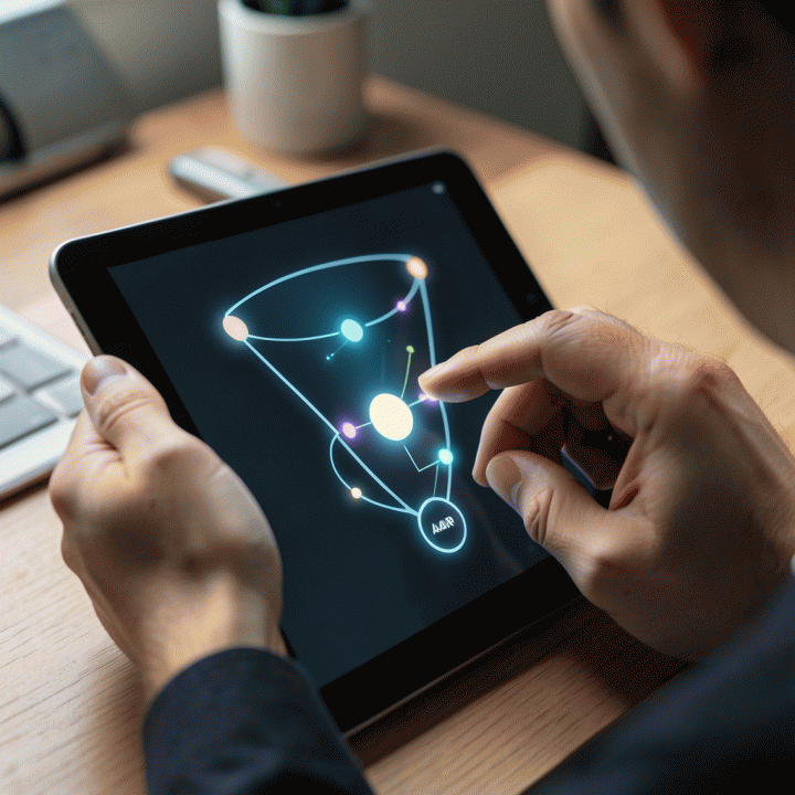 Tangan yang sedang memanipulasi diagram alur pengguna (user funnel) pada tablet, menunjukkan taktik optimasi konversi.