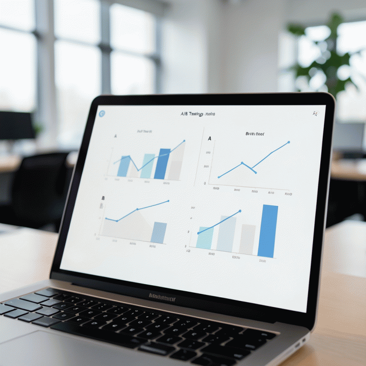 Tampilan dashboard laptop yang membandingkan dua set data (A vs B) menggunakan grafik batang dan garis tren yang bersih, melambangkan hasil A/B testing yang terukur.