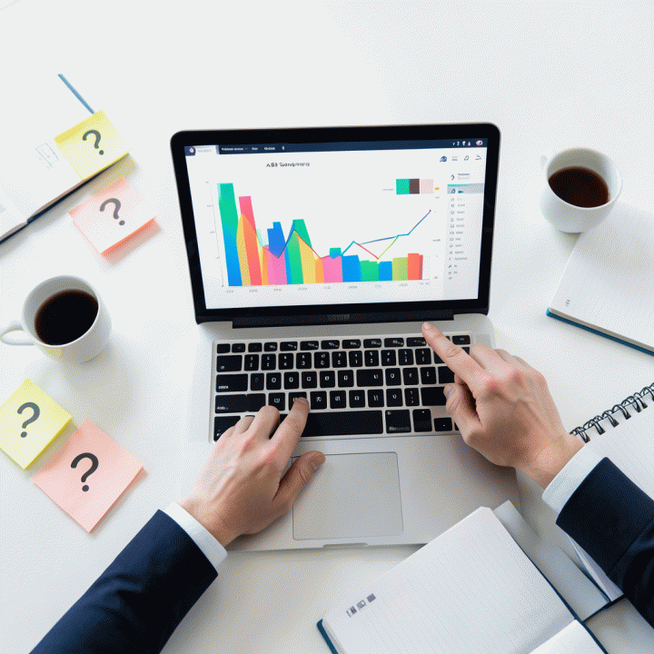 Komposisi flat lay profesional yang menampilkan laptop dengan grafik data abstrak, alat pemasaran digital, dan tangan yang menunjuk ke grafik perbandingan, melambangkan A/B testing dan analisis data untuk optimasi iklan.
