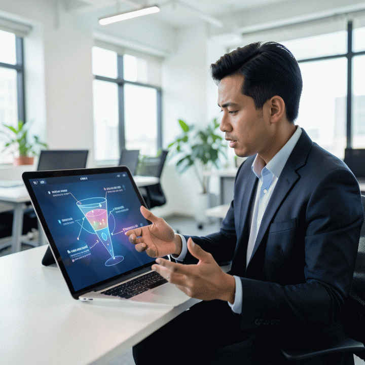 Seorang manajer pemasaran profesional di ruang kerja modern yang menatap layar besar, mendapatkan insight strategis dari visualisasi data, melambangkan penemuan pola iklan pemenang.
